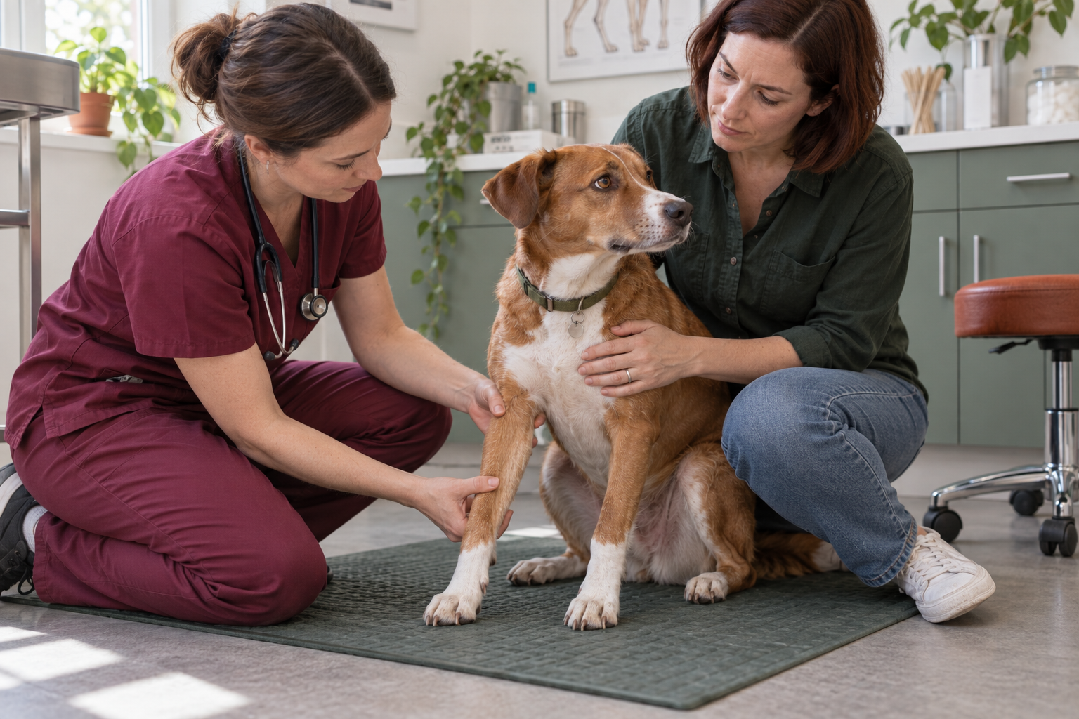 Veterinářka šetrně vyšetřuje poraněnou přední nohu kulhajícího psa